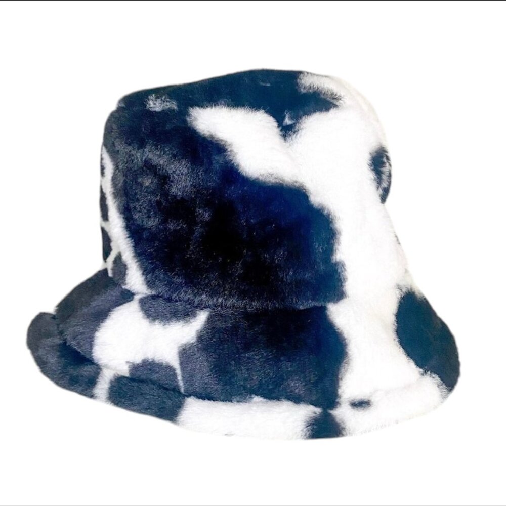 Faux Fur Black Cow Print Adjustable Bucket Hat NWT
